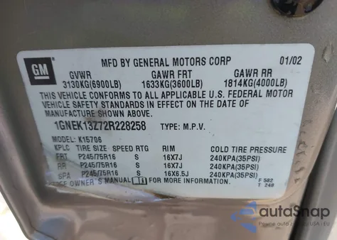 2002 Chevrolet Tahoe Lt из США, поврежденный, VIN 1GNEK13Z72R228258